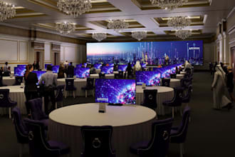 visualize conferrence hall,banquet hall,event venue,stage design,cgi rendering