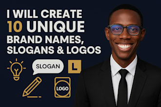 create and brainstorm 10 unique brand product business company name slogan logo