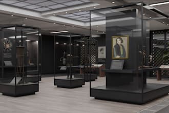 model 3d architectural design, museum rendering,realistic art gallery, showroom