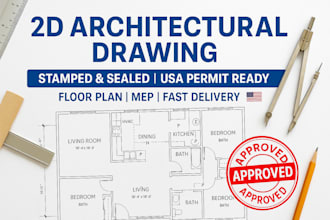 do 2d architectural drawing stamped and sealed mep floor plan city permit in USA
