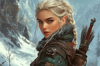 create a dnd art party character, fantasy, monster, scifi ilustration