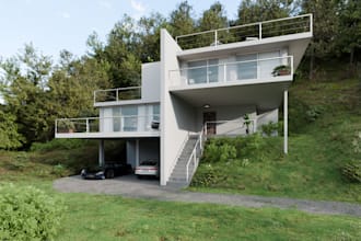 minimalist home hillside,3d exterior rendering,terrace,contemporary design,rhino