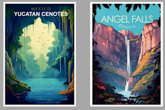 design custom vintage retro poster, retro vintage travel poster psychedelic art