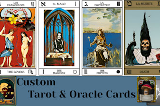 design tarot cards, oracle decks, guidebooks, card frames with a mystical touch