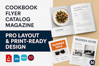 do flyer design, cookbook layout, sell sheet, product catalog, magazine design