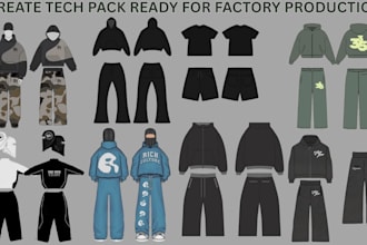 create fashion flat sketch techpack for streetwear techwear tshirt hoodie mockup