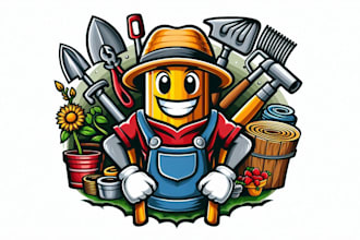 create farm tools and garden shop equipment mascot logo with text with any file