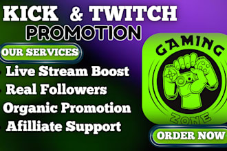 do organic kick and twitch channel promotion, kick real followers and viewers