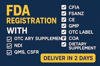 handle fda registration, cfia, gmp, otc labeling, ce, coa, and supplement comply