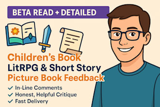 beta read children book, picture book, litrpg, short story with details feedback