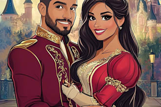 do cartoon pet portrait, family portrait in disney style