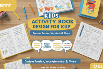 design an engaging kids activity books, worksheets, word searches for amazon KDP