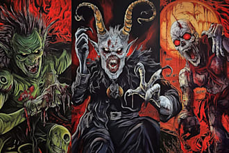 make a dark, brutal, horror, metal art illustration