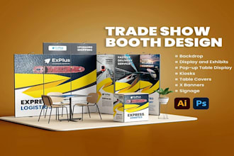design a trade show booth, backdrop banner and show banner, trade show banner