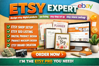 set up etsy shop design digital products and SEO optimize etsy listings