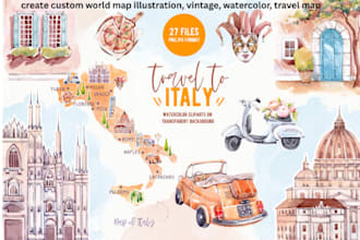 create custom world map illustration, vintage, watercolor, travel map