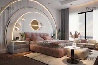 design 3d cozy and unique bedroom, 3d resort livingroom cgi realistic and render
