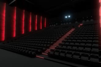 renovate 3d cinema room, movie theatre, game room interior, stage, 8k rendering