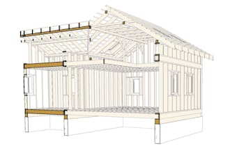 do realistic 3d timber frame, house structure, wood house, roof plan and steel