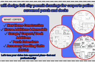 design full city permit drawings for carports patios screened porch and decks