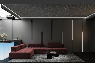 render 3d cinema room, home theater, stage acoustic treatment,game room interior
