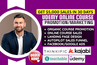 organic udemy course promotion, teachable kajabi online course sales funnel SEO