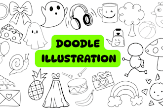 do hand drawn line art minimalist cute kawaii doodle illustrations and stickers