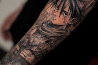 draw custom tattoo design, realistic, traditional, anime sleeve tattoo