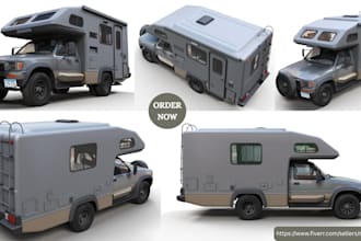 render 3d realistic interior, exterior of rv, camper, motorhome, mobile vehicle