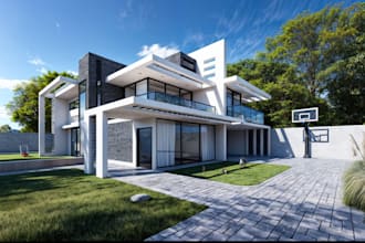 create and design 3d landscape design, frontyard with pool design, patio render