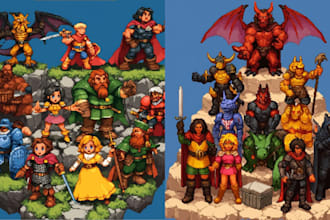 draw 2d retro pixel game art, pixel art character tileset assets 2d sprite sheet