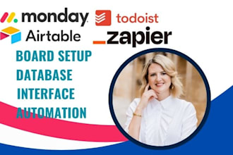design airtable database, monday crm, smartsheet, todoist, zapier automation