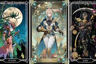 draw custom tarot, zodiac, oracle, or playing cards in dark art with box design