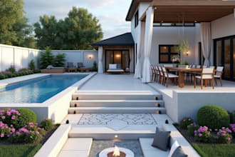 photorealistic 3d exterior rendering of a modern backyard landscape design pool
