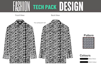 create fashion technical sketch, flats, drawing, cad, and clothing tech packs