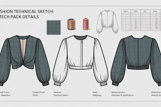 create fashion clothing tech pack cads flat sketch for factory ready production