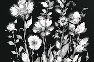 hand draw botanical illustration line art of plants, flowers