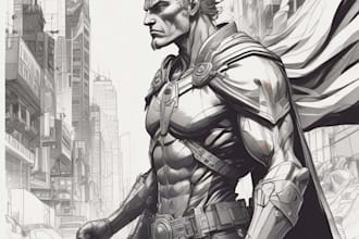 black and white comic superhero character line art