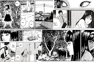 draw dark, horror, creepy manga illustration with vintage comic art anime style