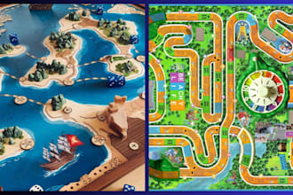 illustrate custom board game, table top, game maps, card game with unique art