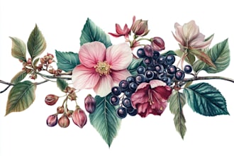 draw botanical  illustration flower, plant, fruits