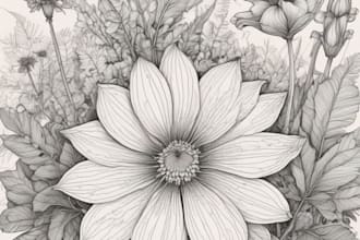draw botanical illustration of flowers, plants, line art