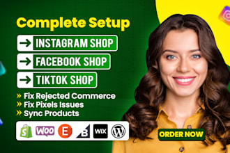 set up tiktok shop, facebook, instagram shop, fix meta pixel, shopify and etsy