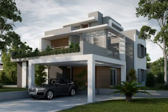 be 3d realistic architecture,turn 2d plan to modern villa exterior,facade,gazebo