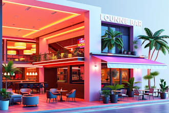 3d lounge bar interior exterior, restaurant, cafe, bar, cafe, nightclub
