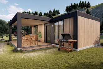 design your tiny house, 3d cabin house, timber frame, kiosk rendering