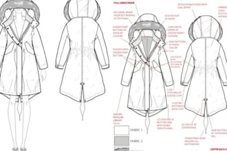 create fashion tech pack, flat sketch, fashion illustration with sewing details