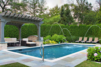 design garden, backyard, swimming pool, terrace, patio, 3d realistic, landscape