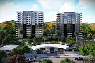 redesign 3d modern highrise, commercial exterior,office building,city playground