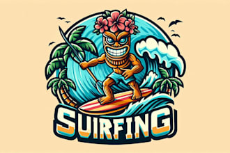 design a fun aloha tiki surfing mascot logo for your brand surf shop or event